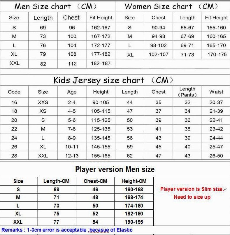 Soccer Jersey Size Charts